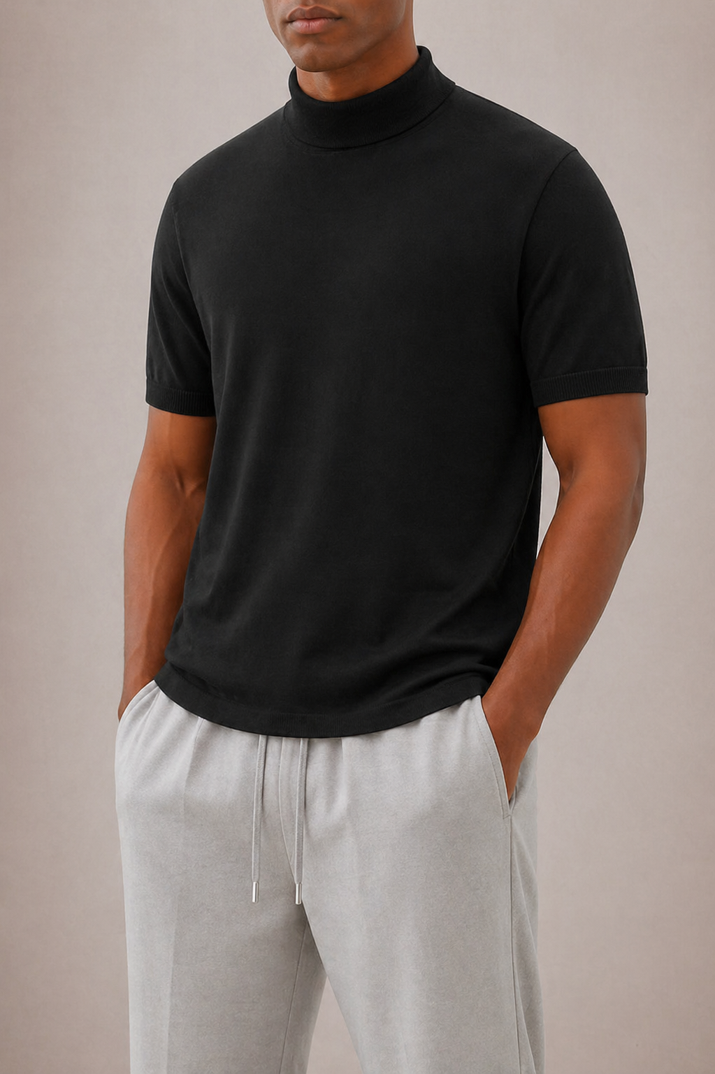 Męski T-shirt z golfem – krótki rękaw, dopasowany krój – Czarny