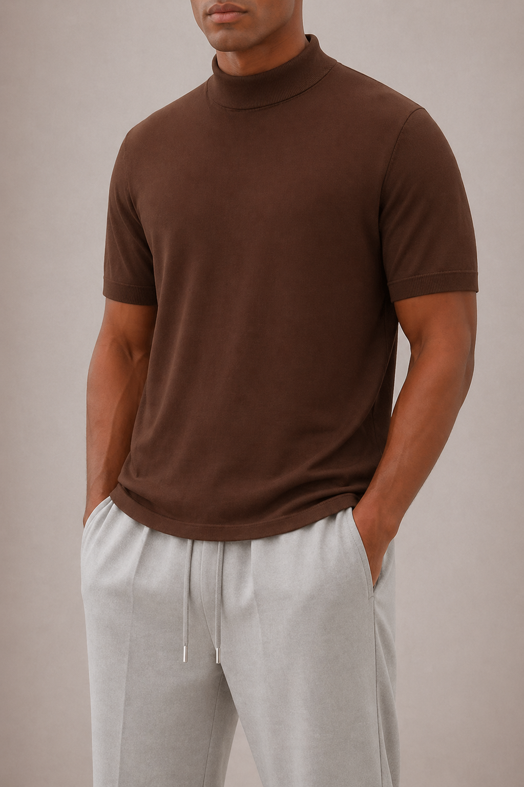 Męski T-shirt z golfem – krótki rękaw, dopasowany krój – Brązowy