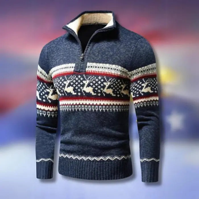 Męski sweter z zamkiem pod szyją – wzór norweski, stójka – Niebieski