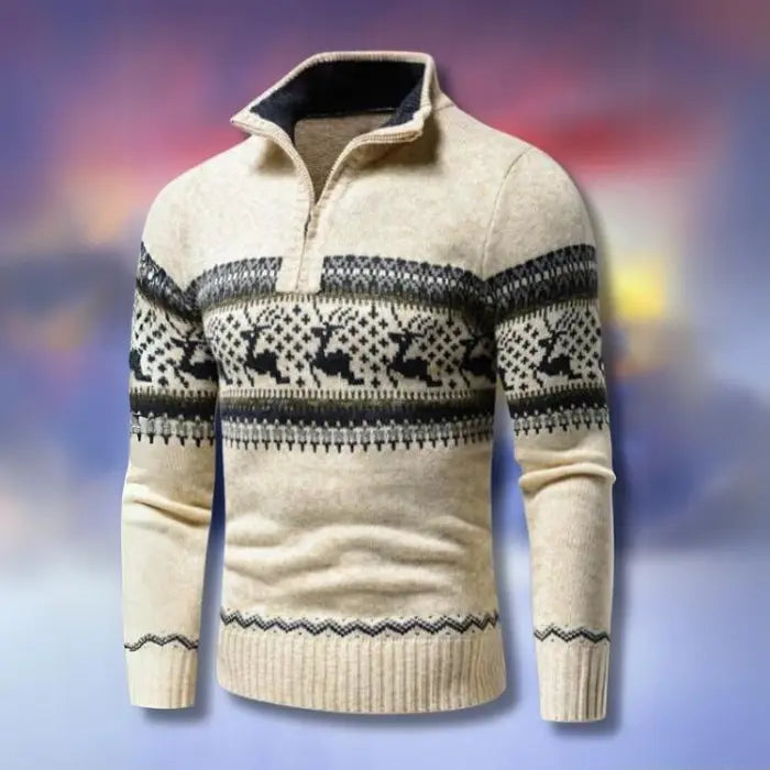 Męski sweter z zamkiem pod szyją – wzór norweski, stójka – Beżowy