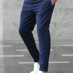 Męskie spodnie slim fit ze sznurkiem w pasie – zwężany krój – Granatowy
