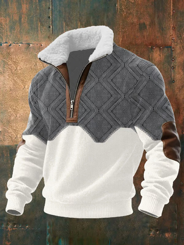 Męski sweter polarowy z wysokim kołnierzem – podszyty kołnierz – Szaro-biały