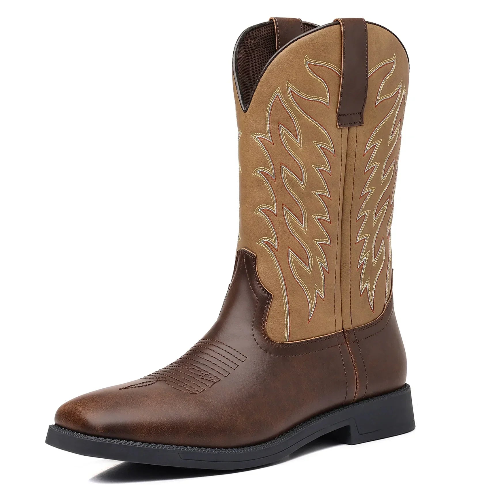Męskie buty do połowy łydki z haftem – kwadratowy nosek – Brązowy khaki