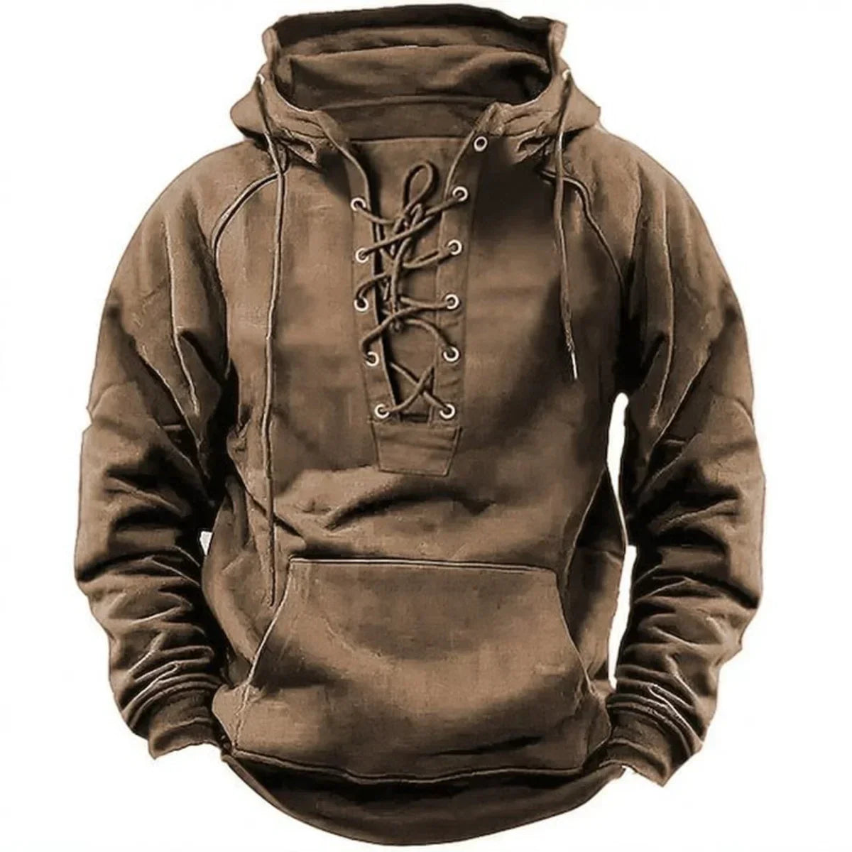 Męska bluza z kapturem – gruba, ze sznurowanym zapięciem retro – Khaki