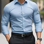 Męska koszula slim fit z długim rękawem – przewiewna, niegnąca się – Niebieski