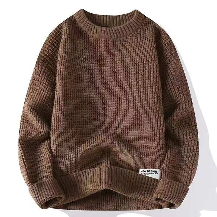 Męski sweter prążkowany – okrągły dekolt, na jesień i zimę – Brązowy