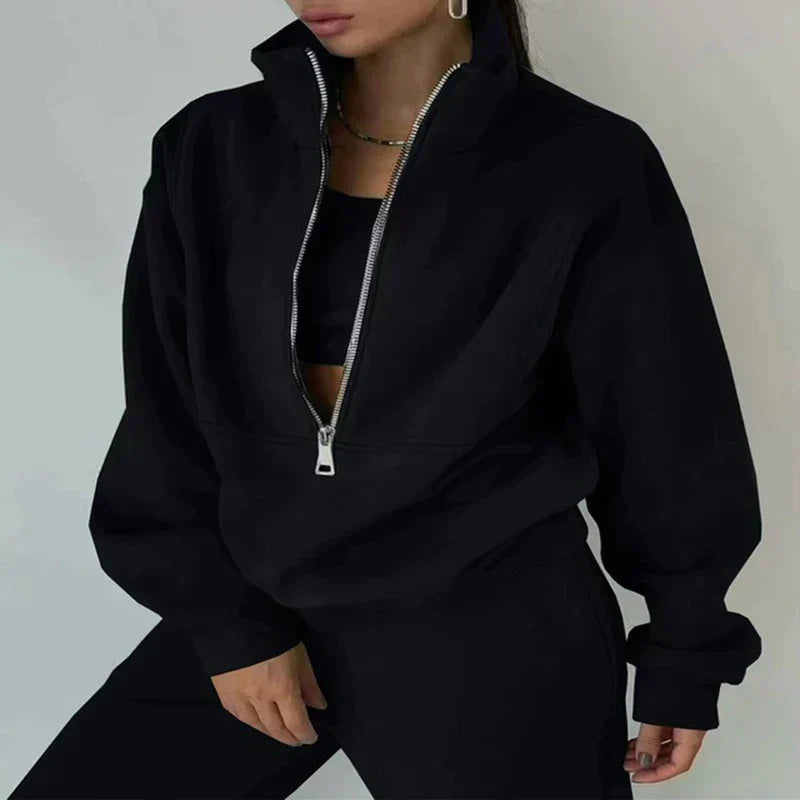 Damski dres dwuczęściowy – bluza z półzamkiem i spodnie – Czarny