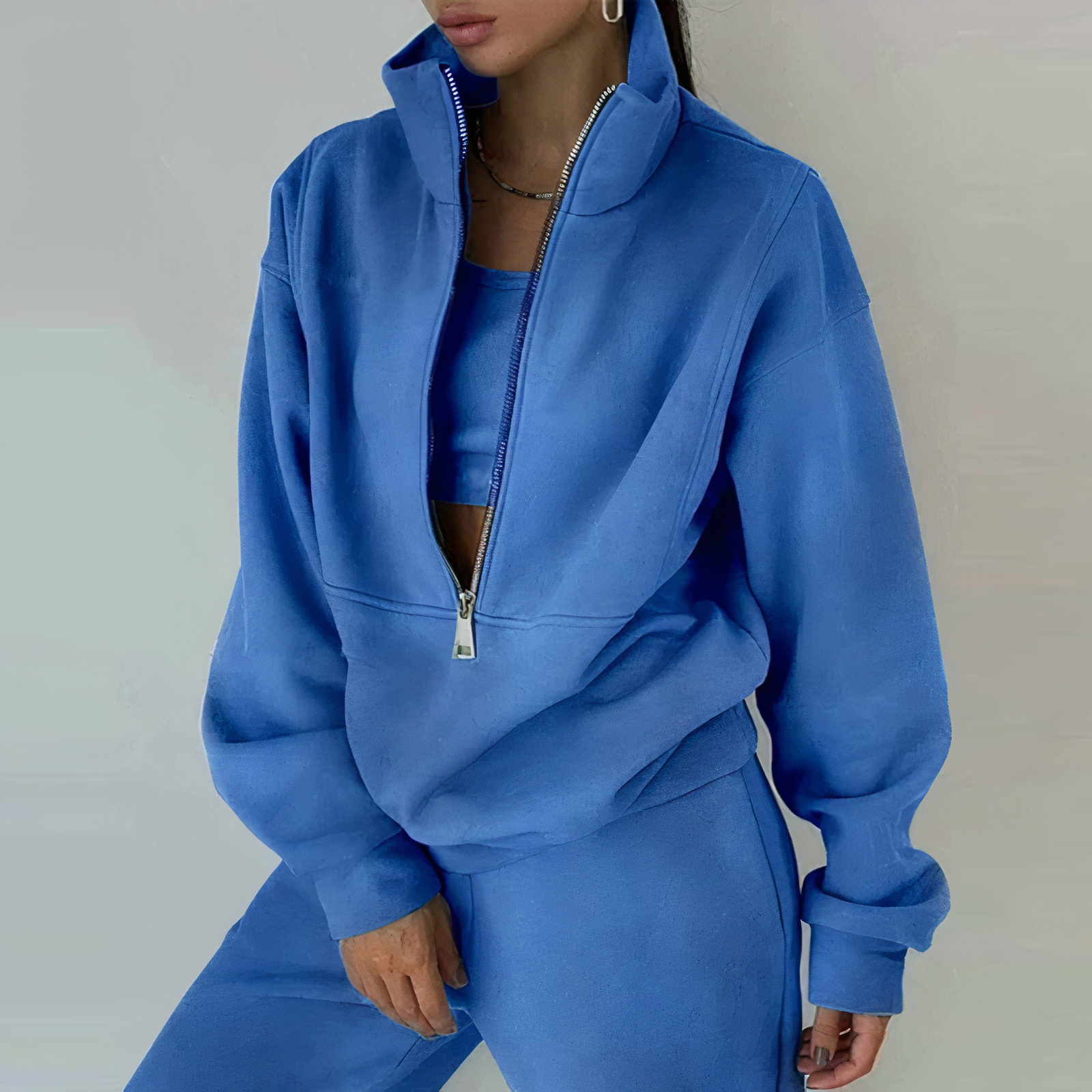 Damski dres dwuczęściowy – bluza z półzamkiem i spodnie – Niebieski