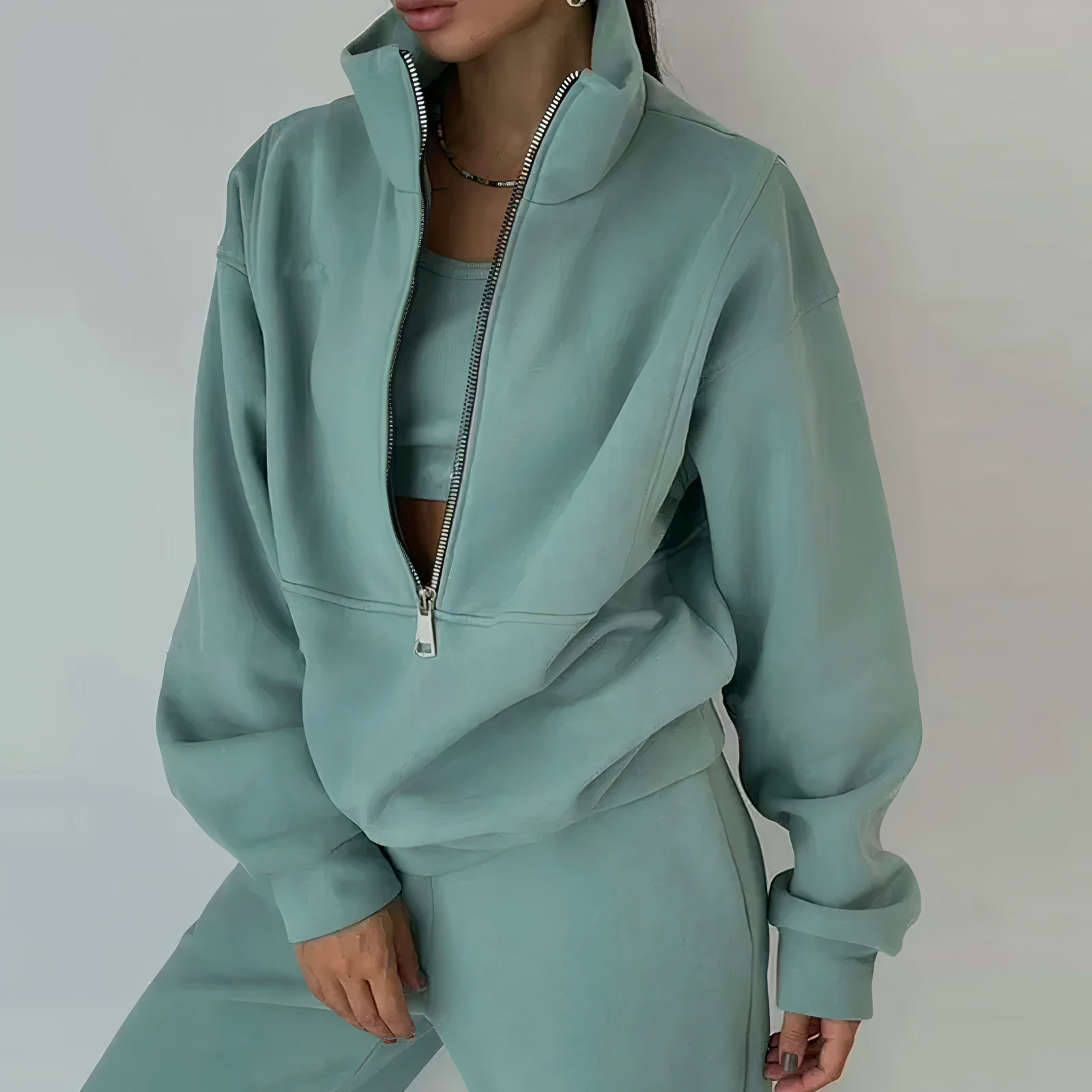Damski dres dwuczęściowy – bluza z półzamkiem i spodnie – Zielony